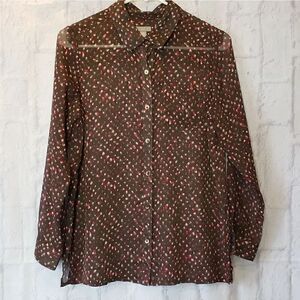 J. JILL  Semi-sheer Brown Dotted Print Blouse XSP